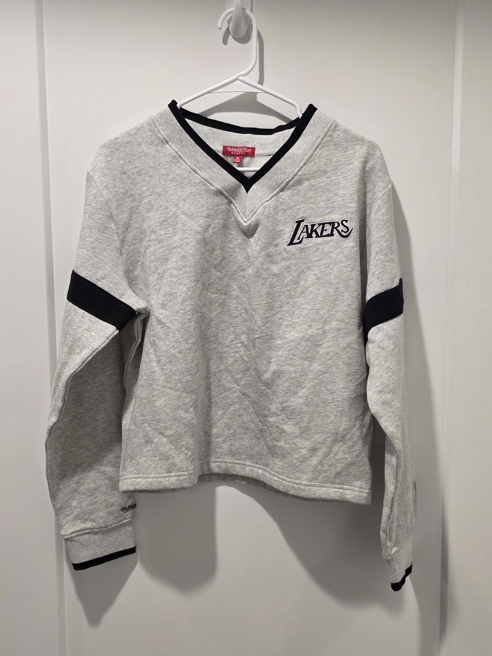 Mitchell & Ness Light Gray Lakers V-Neck Sweatshirt with Black Trim